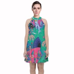 Planet Psychedelic Art Psicodelia Velvet Halter Neckline Dress 