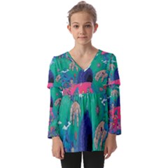 Planet Psychedelic Art Psicodelia Kids  V Neck Casual Top by Bedest