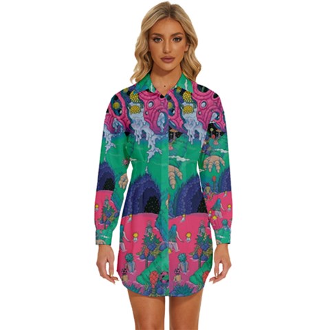 Planet Psychedelic Art Psicodelia Womens Long Sleeve Shirt Dress by Bedest