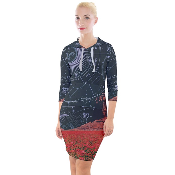 Astrology Surreal Surrealism Trippy Visual Art Quarter Sleeve Hood Bodycon Dress