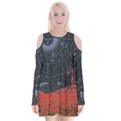 Astrology Surreal Surrealism Trippy Visual Art Velvet Long Sleeve Shoulder Cutout Dress by Bedest