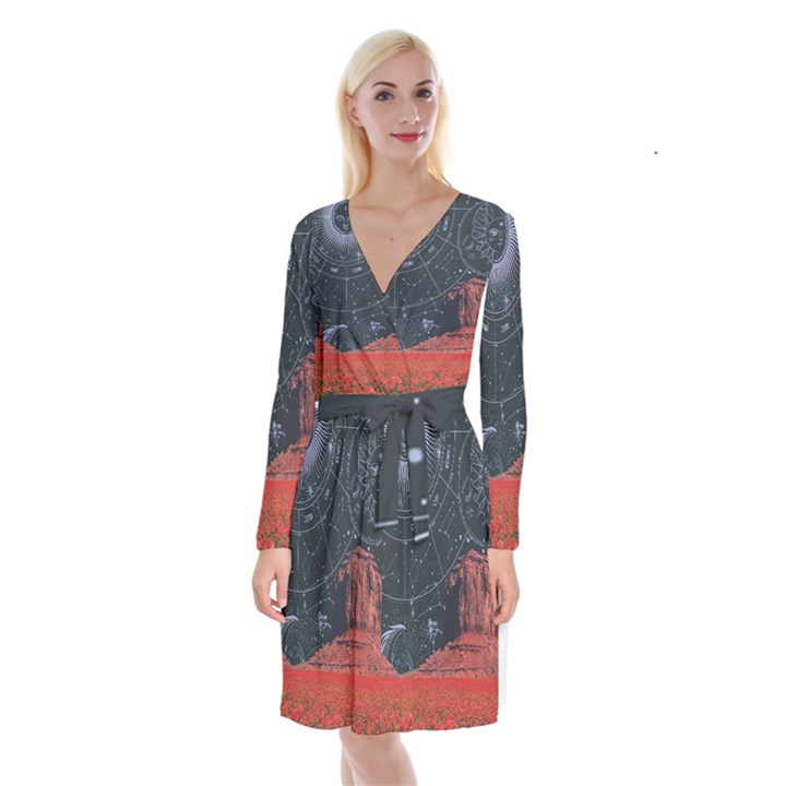 Astrology Surreal Surrealism Trippy Visual Art Long Sleeve Velvet Front Wrap Dress