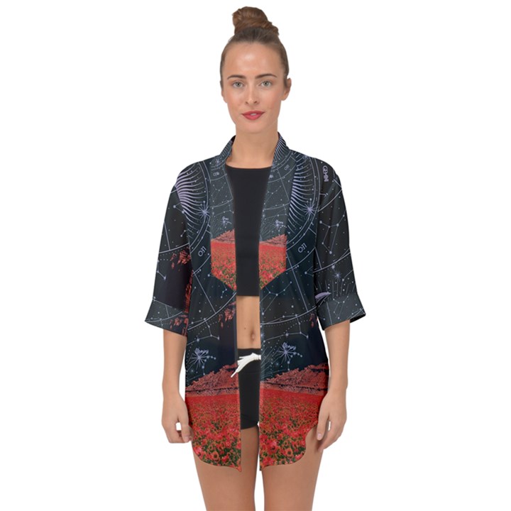 Astrology Surreal Surrealism Trippy Visual Art Open Front Chiffon Kimono