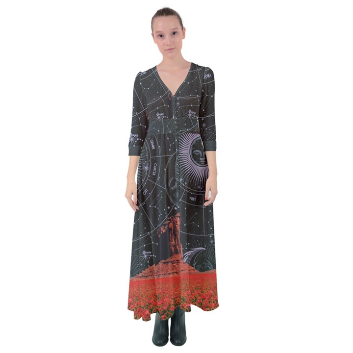 Astrology Surreal Surrealism Trippy Visual Art Button Up Maxi Dress