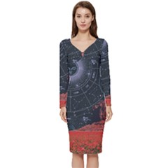 Astrology Surreal Surrealism Trippy Visual Art Long Sleeve V-neck Bodycon Dress  by Bedest