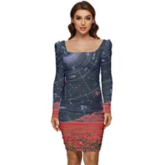 Astrology Surreal Surrealism Trippy Visual Art Women Long Sleeve Ruched Stretch Jersey Dress by Bedest