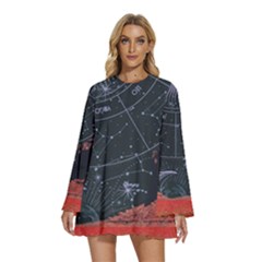 Astrology Surreal Surrealism Trippy Visual Art Round Neck Long Sleeve Bohemian Style Chiffon Mini Dress