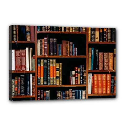 Assorted Title Of Books Piled In The Shelves Assorted Book Lot Inside The Wooden Shelf Canvas 18  X 12  (stretched) by Bedest