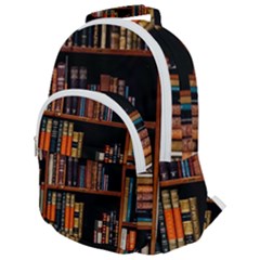 Assorted Title Of Books Piled In The Shelves Assorted Book Lot Inside The Wooden Shelf Rounded Multi Pocket Backpack by Bedest