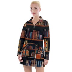 Assorted Title Of Books Piled In The Shelves Assorted Book Lot Inside The Wooden Shelf Women s Long Sleeve Casual Dress by Bedest