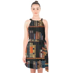 Assorted Title Of Books Piled In The Shelves Assorted Book Lot Inside The Wooden Shelf Halter Collar Waist Tie Chiffon Dress by Bedest