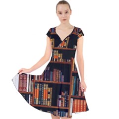 Assorted Title Of Books Piled In The Shelves Assorted Book Lot Inside The Wooden Shelf Cap Sleeve Front Wrap Midi Dress by Bedest