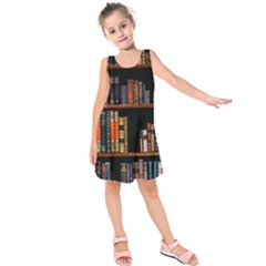 Assorted Title Of Books Piled In The Shelves Assorted Book Lot Inside The Wooden Shelf Kids  Sleeveless Dress by Bedest