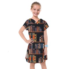 Assorted Title Of Books Piled In The Shelves Assorted Book Lot Inside The Wooden Shelf Kids  Drop Waist Dress by Bedest