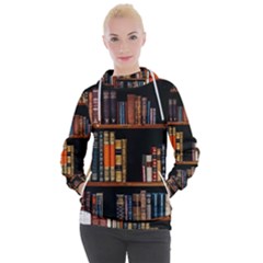 Assorted Title Of Books Piled In The Shelves Assorted Book Lot Inside The Wooden Shelf Women s Hooded Pullover