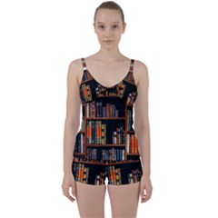 Assorted Title Of Books Piled In The Shelves Assorted Book Lot Inside The Wooden Shelf Tie Front Two Piece Tankini by Bedest