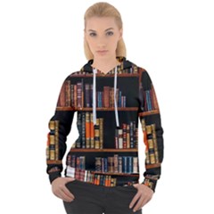 Assorted Title Of Books Piled In The Shelves Assorted Book Lot Inside The Wooden Shelf Women s Overhead Hoodie