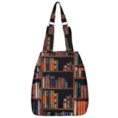 Assorted Title Of Books Piled In The Shelves Assorted Book Lot Inside The Wooden Shelf Center Zip Backpack by Bedest