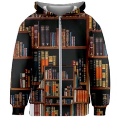 Assorted Title Of Books Piled In The Shelves Assorted Book Lot Inside The Wooden Shelf Kids  Zipper Hoodie Without Drawstring by Bedest