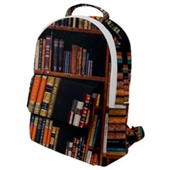 Assorted Title Of Books Piled In The Shelves Assorted Book Lot Inside The Wooden Shelf Flap Pocket Backpack (small) by Bedest