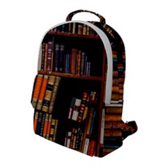 Assorted Title Of Books Piled In The Shelves Assorted Book Lot Inside The Wooden Shelf Flap Pocket Backpack (large) by Bedest