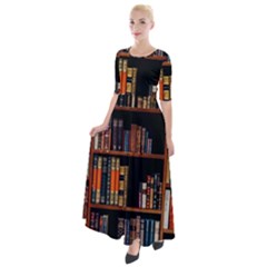 Assorted Title Of Books Piled In The Shelves Assorted Book Lot Inside The Wooden Shelf Half Sleeves Maxi Dress by Bedest