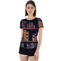 Assorted Title Of Books Piled In The Shelves Assorted Book Lot Inside The Wooden Shelf Back Cut Out Sport T-shirt by Bedest