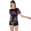 Assorted Title Of Books Piled In The Shelves Assorted Book Lot Inside The Wooden Shelf Asymmetrical Short Sleeve Sports T-Shirt View1