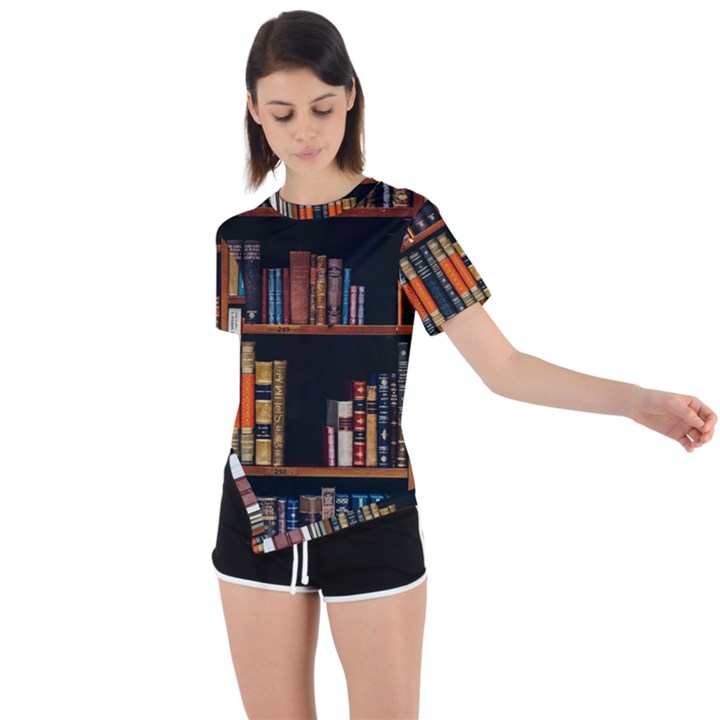 Assorted Title Of Books Piled In The Shelves Assorted Book Lot Inside The Wooden Shelf Asymmetrical Short Sleeve Sports T-Shirt