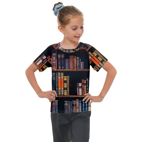 Assorted Title Of Books Piled In The Shelves Assorted Book Lot Inside The Wooden Shelf Kids  Mesh Piece T-shirt by Bedest