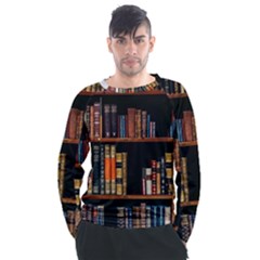 Assorted Title Of Books Piled In The Shelves Assorted Book Lot Inside The Wooden Shelf Men s Long Sleeve Raglan T-shirt