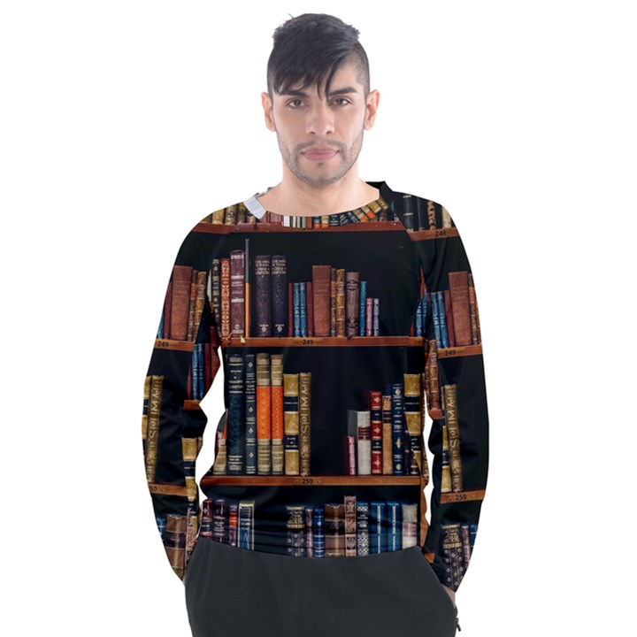 Assorted Title Of Books Piled In The Shelves Assorted Book Lot Inside The Wooden Shelf Men s Long Sleeve Raglan T-Shirt