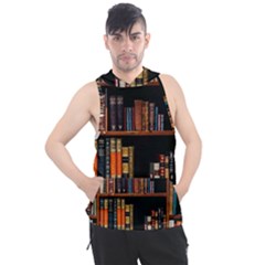 Assorted Title Of Books Piled In The Shelves Assorted Book Lot Inside The Wooden Shelf Men s Sleeveless Hoodie by Bedest