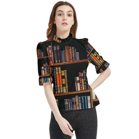 Assorted Title Of Books Piled In The Shelves Assorted Book Lot Inside The Wooden Shelf Frill Neck Blouse by Bedest