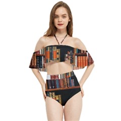 Assorted Title Of Books Piled In The Shelves Assorted Book Lot Inside The Wooden Shelf Halter Flowy Bikini Set  by Bedest