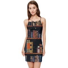 Assorted Title Of Books Piled In The Shelves Assorted Book Lot Inside The Wooden Shelf Summer Tie Front Dress by Bedest