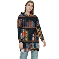 Assorted Title Of Books Piled In The Shelves Assorted Book Lot Inside The Wooden Shelf Women s Long Oversized Pullover Hoodie