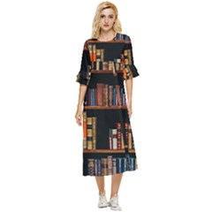 Assorted Title Of Books Piled In The Shelves Assorted Book Lot Inside The Wooden Shelf Double Cuff Midi Dress by Bedest