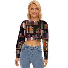 Assorted Title Of Books Piled In The Shelves Assorted Book Lot Inside The Wooden Shelf Lightweight Long Sleeve Sweatshirt by Bedest