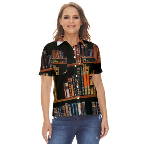 Assorted Title Of Books Piled In The Shelves Assorted Book Lot Inside The Wooden Shelf Women s Short Sleeve Double Pocket Shirt by Bedest