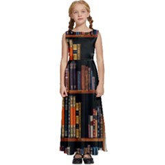 Assorted Title Of Books Piled In The Shelves Assorted Book Lot Inside The Wooden Shelf Kids  Satin Sleeveless Maxi Dress by Bedest