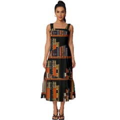 Assorted Title Of Books Piled In The Shelves Assorted Book Lot Inside The Wooden Shelf Square Neckline Tiered Midi Dress by Bedest