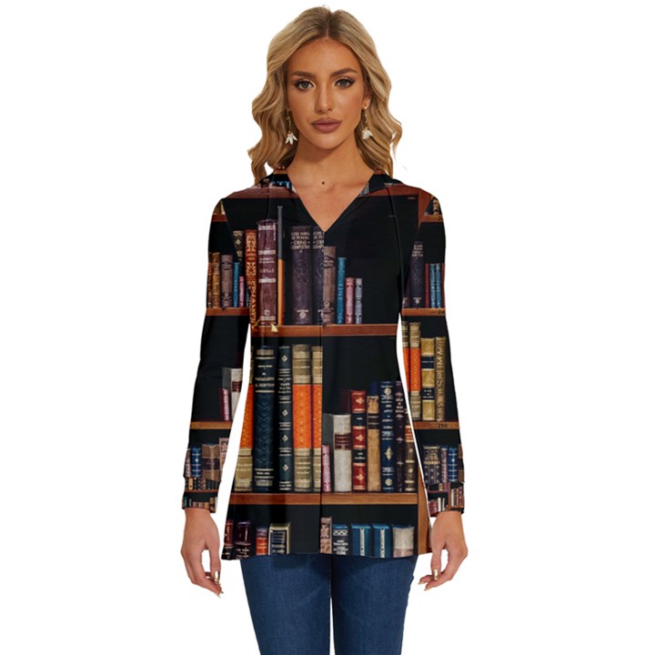 Assorted Title Of Books Piled In The Shelves Assorted Book Lot Inside The Wooden Shelf Long Sleeve Drawstring Hooded Top