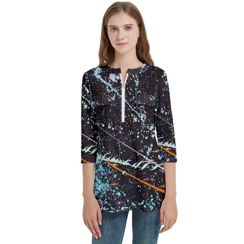 Abstract Colorful Texture Women s Zip Front V-neck 3/4 Sleeve Casual Top Pocket Shirt by Bedest