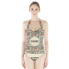 Seamless Pattern With Flower Birds Halter Swimsuit by Bedest