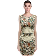 Seamless Pattern With Flower Birds Sleeveless Velvet Midi Dress