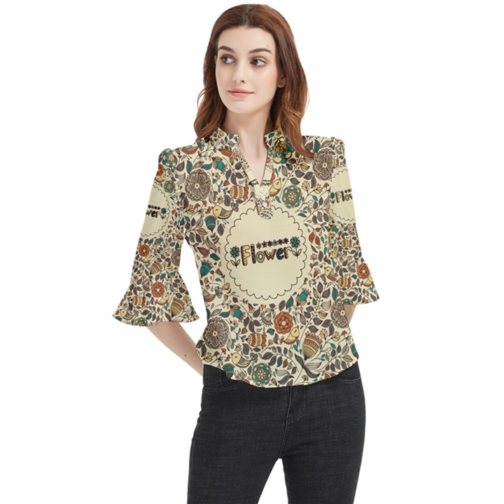 Seamless Pattern With Flower Birds Loose Horn Sleeve Chiffon Blouse