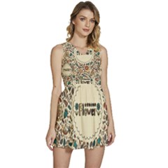 Seamless Pattern With Flower Birds Sleeveless High Waist Mini Dress