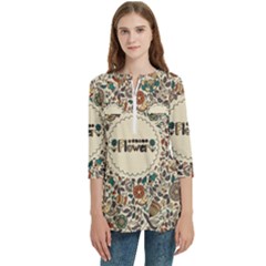 Seamless Pattern With Flower Birds Women s Zip Front V-neck 3/4 Sleeve Casual Top Pocket Shirt