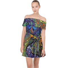 Psychedelic Digital Art Artwork Landscape Colorful Off Shoulder Chiffon Dress by Bedest